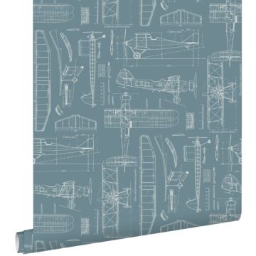 carta da parati disegni di costruzione degli aeroplani blu scuro vintage di ESTAhome