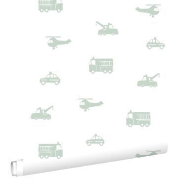 carta da parati auto, camion dei pompieri, elicotteri e gru verde menta su bianco da ESTA home