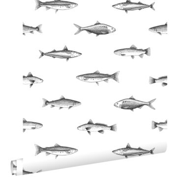 carta da parati disegno a penna di pesce bianco e nero da ESTA home