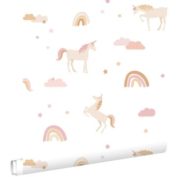 carta da parati unicorni beige, rosa tenue e giallo ocra di ESTAhome