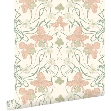 carta da parati fiori vintage in stile art nouveau bianco panna, rosa tenue e verde grigiastro di ESTAhome