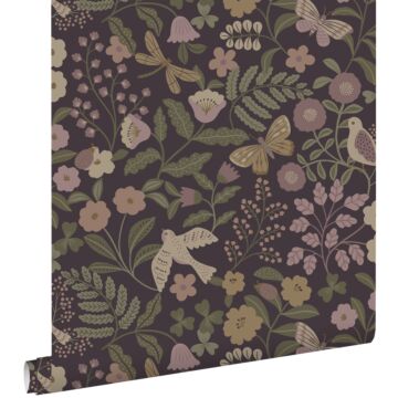 carta da parati fiori e uccelli viola melanzana, verde oliva grigiastro e lilla di ESTAhome