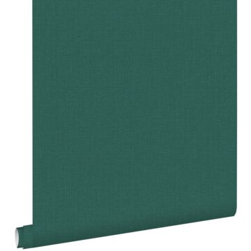 carta da parati liscia con effetto struttura di lino tessuto verde petrolio di ESTAhome