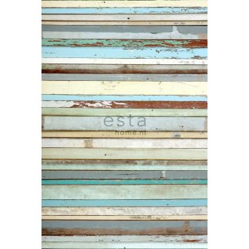 fotomurale legno di scarto blu, grigio, giallo pastello chiaro e verde menta di ESTAhome