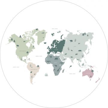 fotomurale autoadhesivo tondo mappa del mondo per i bambini verde menta, grigio e rosa da ESTA home