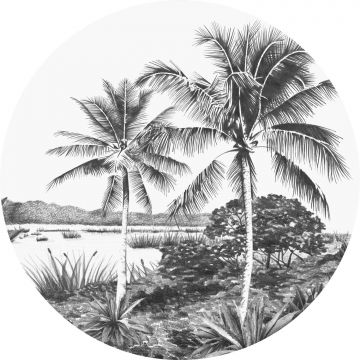 fotomurale autoadhesivo tondo paesaggio con palme bianco e nero da ESTA home