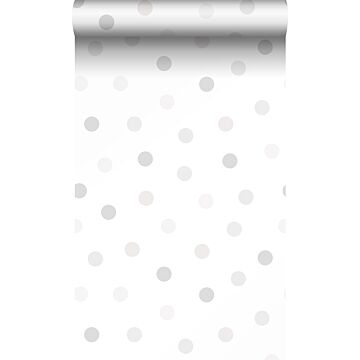 carta da parati puntini pois polka dots beige crema chiaro, grigio caldo chiaro e grigio argento lucido di Origin Wallcoverings