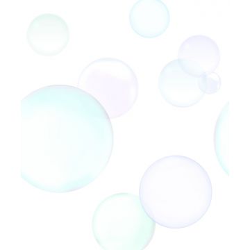 fotomurale grandi bolle galleggianti viola lilla lavanda pastello chiaro, verde menta pastello chiaro e blu celeste pastello chiaro di Origin Wallcoverings