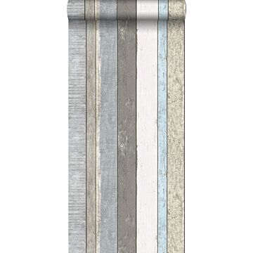 carta da parati tavole di legno alterate e invecchiate dalle intemperie grigio, blu e beige di Walls4You