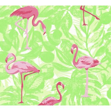 carta da parati foglie tropicali con fenicotteri verde e rosa di A.S. Création