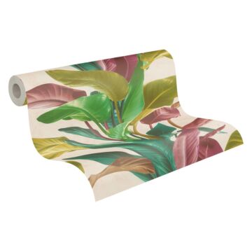 carta da parati foglie tropicali verde, rosa veccho e blu petrolio di Livingwalls