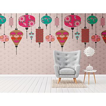 fotomurale motivo orientale rosa, turchese, grigio, bianco e marrone di One Wall one Role